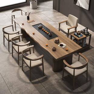 现代简形约用FYA功家夫长方轻泡奢实木茶桌茶盘一体茶桌椅组合茶