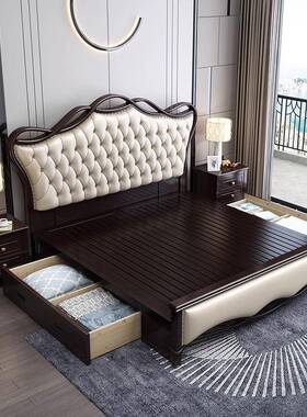 美式奢轻式实木床主卧双人大床1.8现代简约橡2米木欧KAH公主软包