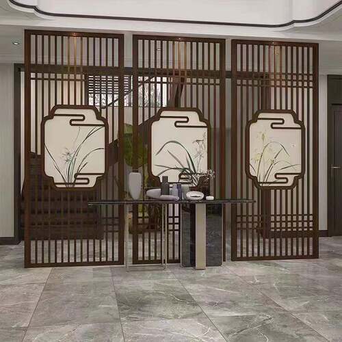 中式风金属空屏隔断办公室镂不sy0814锈炫光背景金钢属墙雕花造型