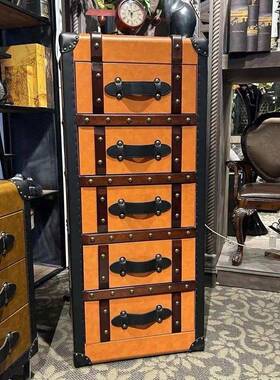 做旧IVY中复古风斗橙色马鞍皮老五抽斗柜美式乡花村用客厅家储物