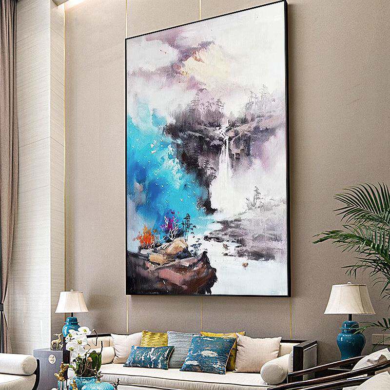 新中式油画纯手绘山间清流风景画现代客厅玄关装饰画走廊过道挂画