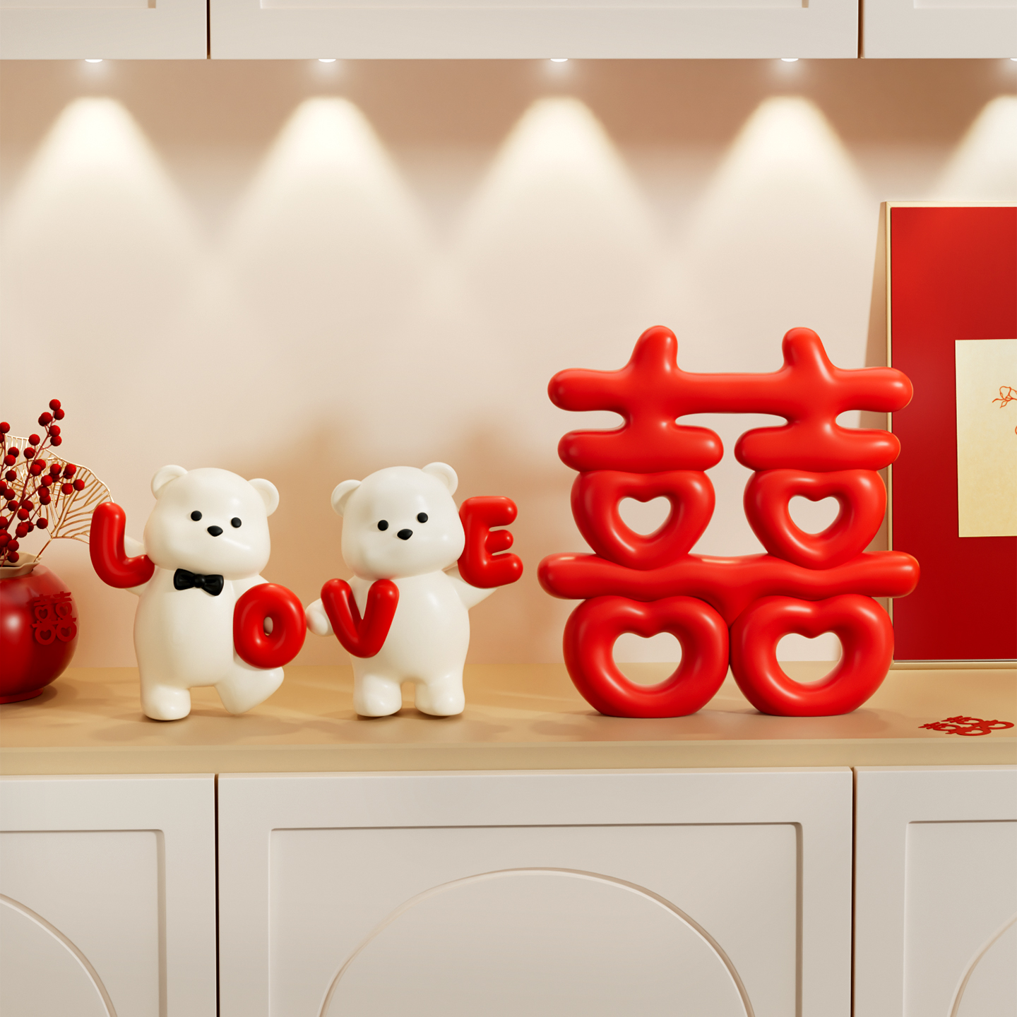 love小熊订婚情侣摆件送闺蜜新人新娘结婚礼物婚房布置喜字装饰品
