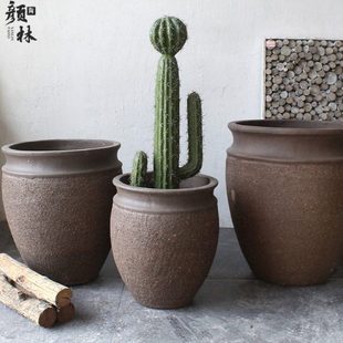 磨砂款粗陶盆碗盆陶盆素盆中式大口花盆矮盆加厚紫砂盆大号栽树盆