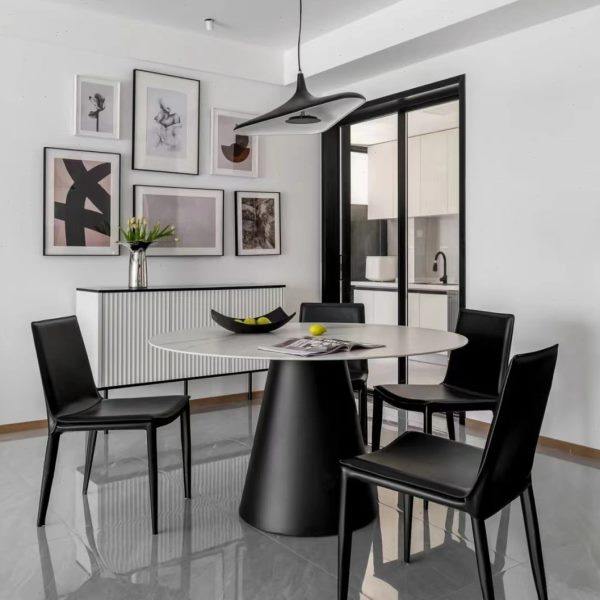 哑光岩板餐桌椅组合家用小户型黑白灰调现代简约意式圆餐桌带转盘