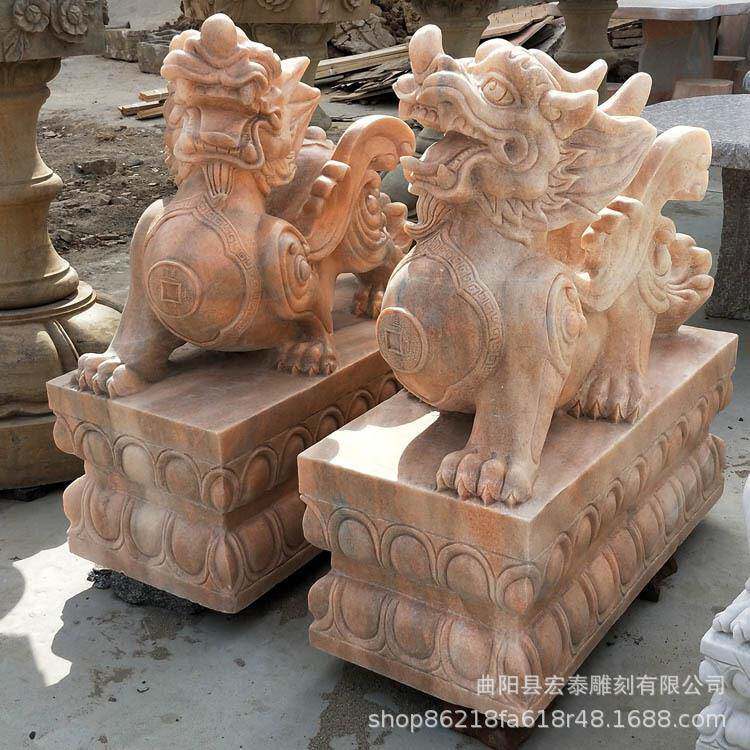 晚霞红大理石麒麟摆件工厂现货石雕麒麟貔貅雕塑