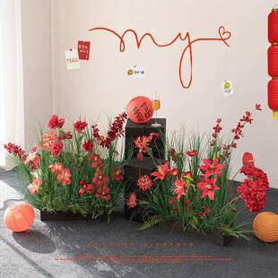 红色真花地排花摆婚庆仿酒店装红色喜庆饰花摆件车展橱窗喜假庆氛