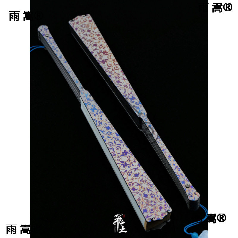 ┈唐钛合金刻折扇全金属扇骨渐变烤蓝古风国潮文玩洒金绢布扇