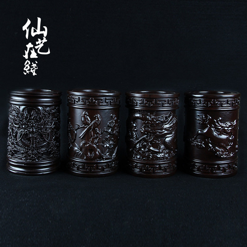 厂家直供精雕非洲黑檀木质雕刻笔筒多样式品种文房用品量大从优