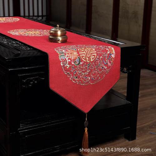 中式桌旗桌禅意茶席茶台布条茶5222几桌布餐高档刺盖绣长茶桌布茶