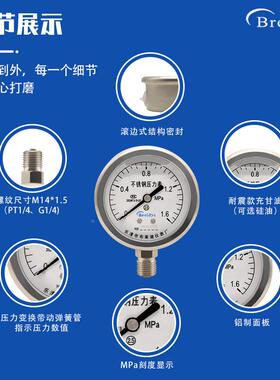 压力不表Y力N60BF全锈钢耐震压表30材质耐腐YNBF60耐高温液压气压