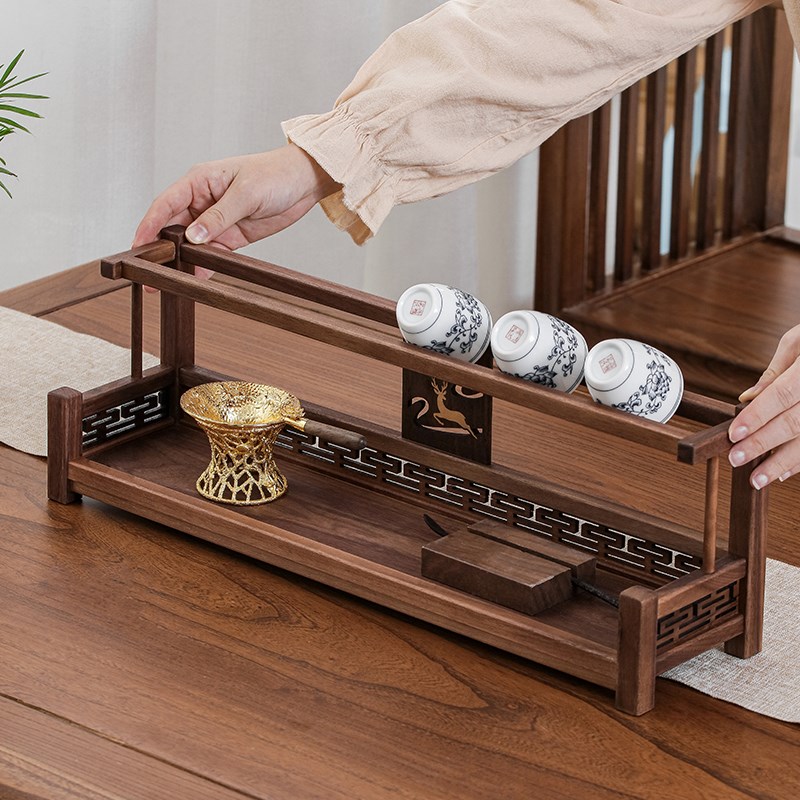 北美胡桃木收纳架双层茶具博古架实木茶杯茶壶沥水桌面Y小型置物