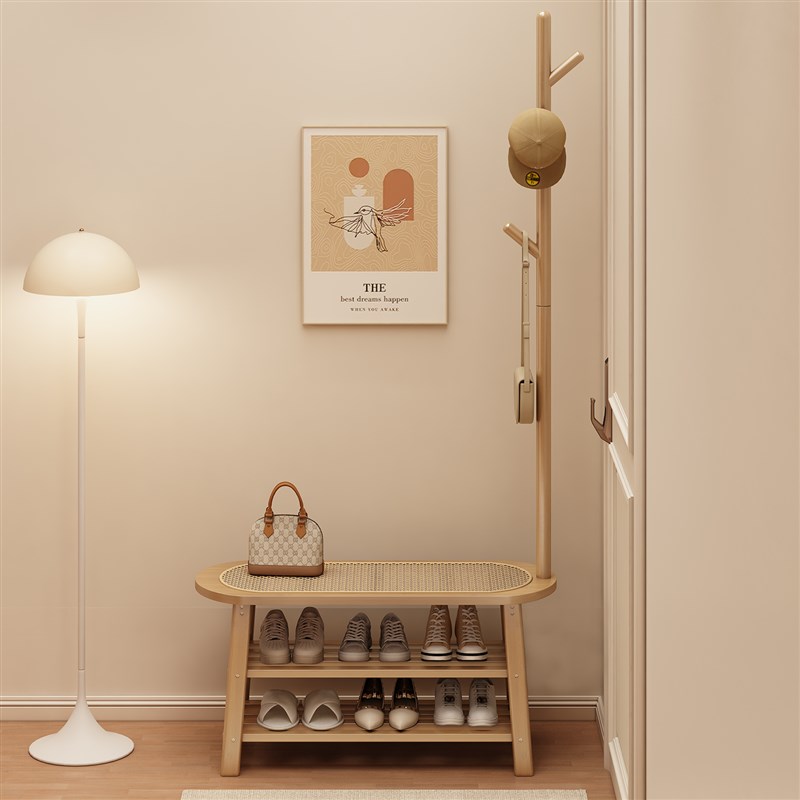 实木藤编换鞋凳挂衣架一体t家用门口可坐鞋柜穿鞋凳子入户门衣帽