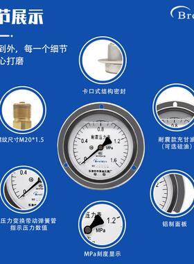 压力表Y100ZT轴向带边N耐震力表0-1.6mYN-100ZTpa气压压水压液真