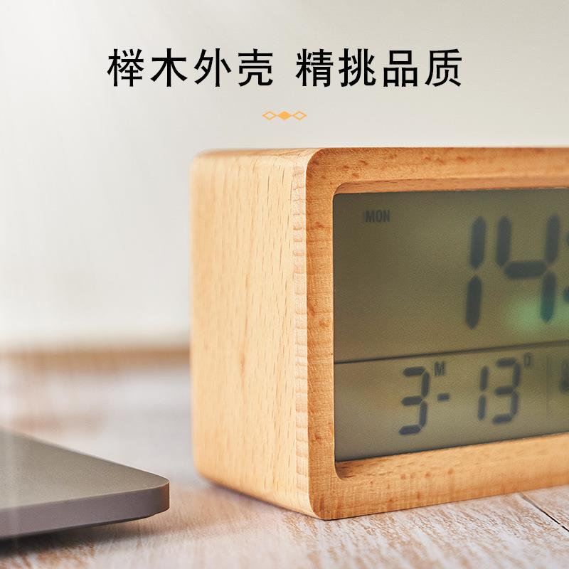 新款实木制作时钟简约湿度1闹906时夜光床头钟大屏LCD木头1906钟