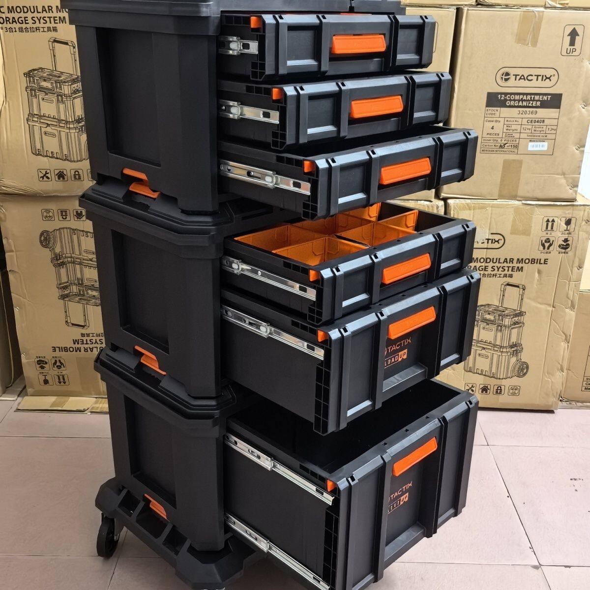 拓为堆叠式工具箱车载抽屉式工具箱抽拉式电动工具收纳箱带滑轮车