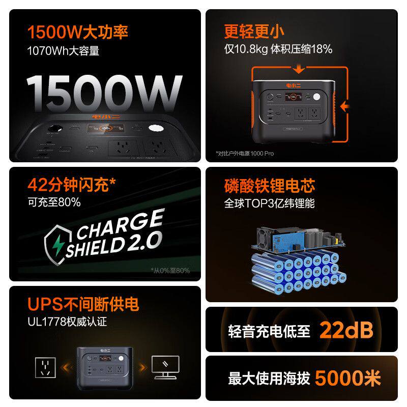[电小二]1000Pro2户外1500W大功率移动露营应急储能电源黑橙