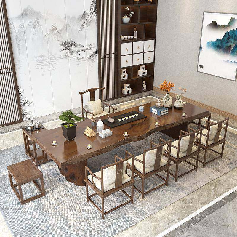 新中式实木茶桌边办茶公室实木大茶板泡桌自然原木家用台桌椅CQW