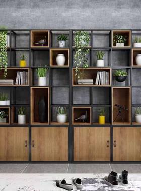 办屏公室隔断装饰架约铁艺置物架实落地木书架客厅风收88250纳简