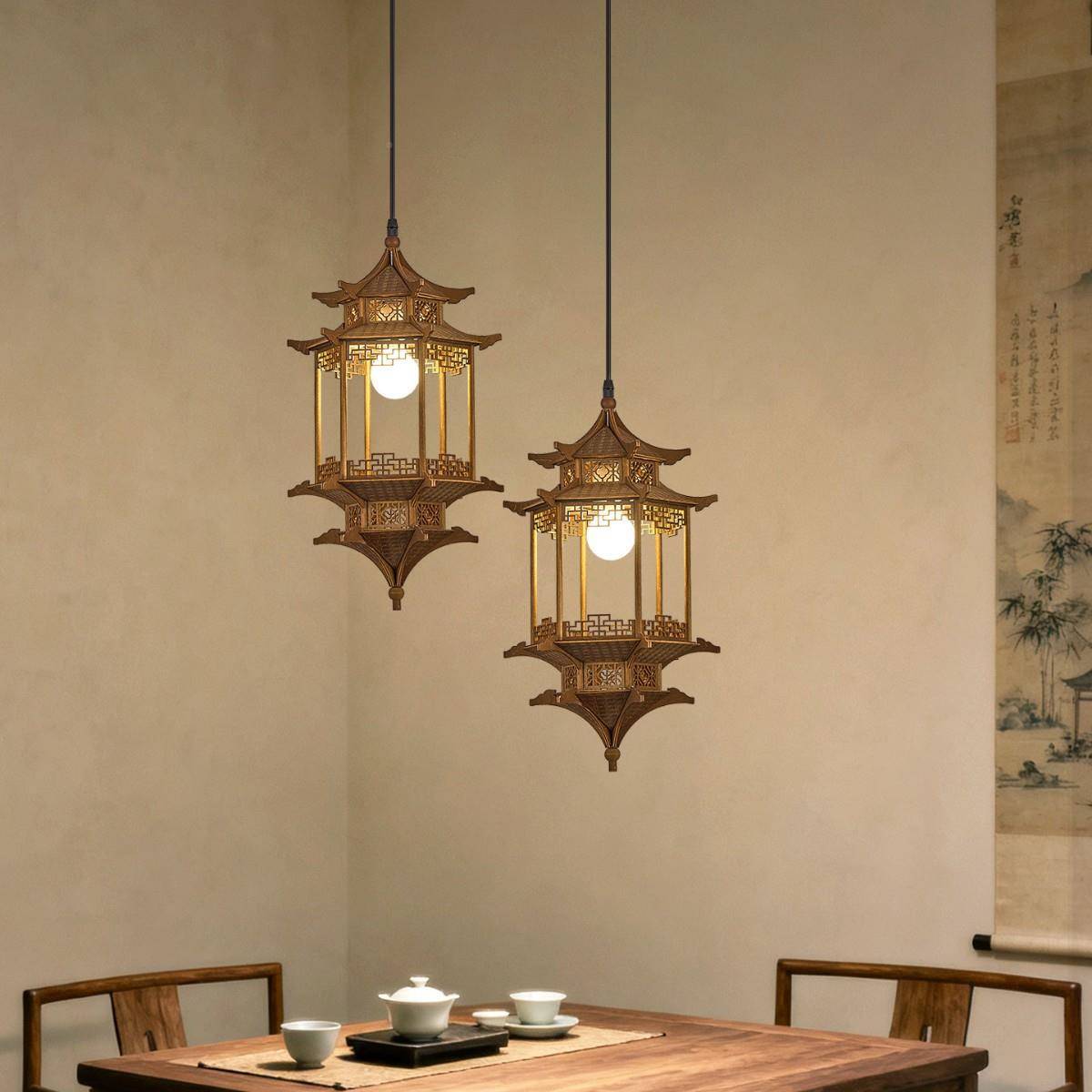 吊氏美12876学实木吊灯禅意新中小式玄关入户凉亭茶宋室造型造景