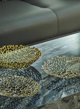 欧式意酒桌面摆件轻奢时尚金果盘珊瑚树客厅摆设HJ4052创玄关属软