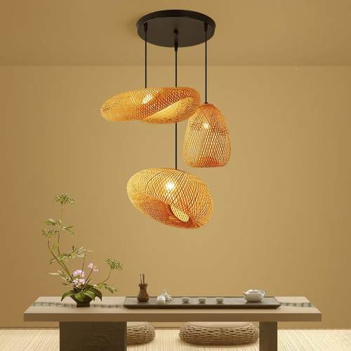 创意347个性艺餐术竹编合吊灯店铺商用色茶桌茶台餐厅桌特竹灯组