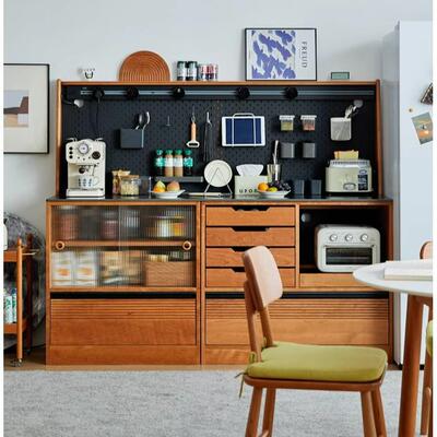 2308全实木落地啡组合半墙边岩板厨餐房咖大柜师靠墙原木碗酒橱餐