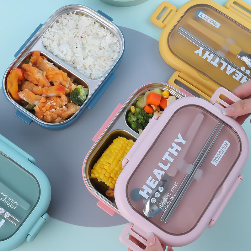 特533得美双304不手锈钢饭盒带餐具餐盒学生分格便携提单层层便当