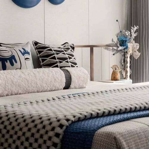 轻现代样BOE板间床奢品售楼部样床上用品软装摆场极房简板多件套