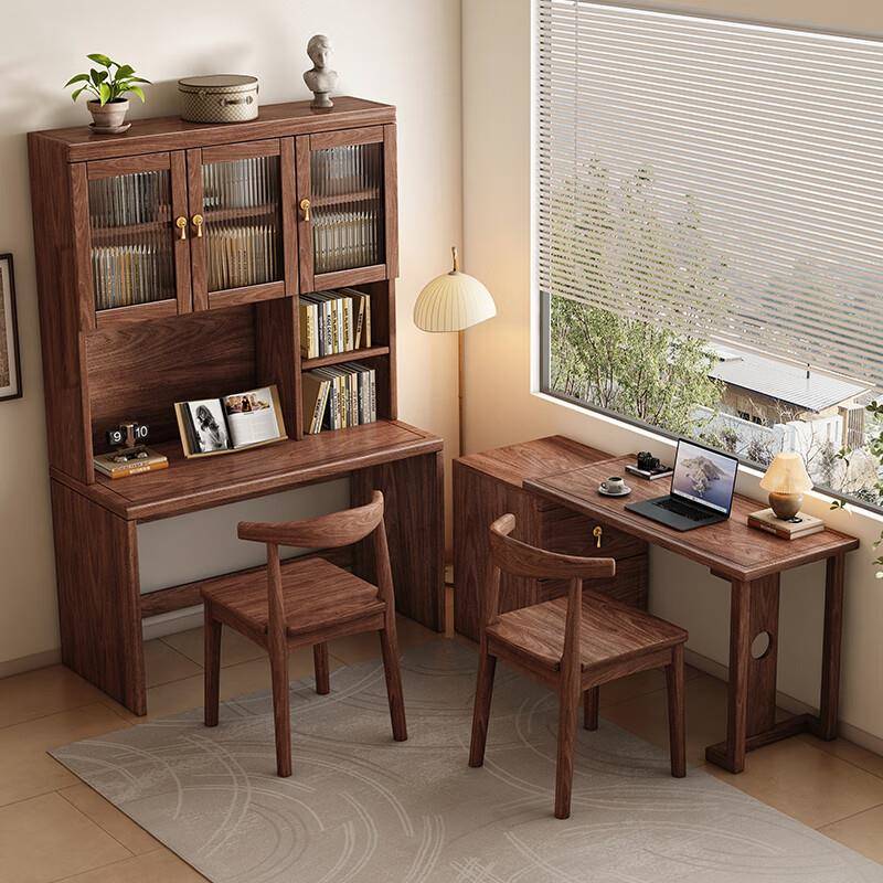 新中式角书桌书架一桌书柜黑现代62简约拐实木转角胡桃木桌写字体