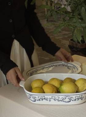 式轻奢蓝色蝴蝶结花烘焙双耳盘陶瓷朵收纳70538水果法配菜盘烤带