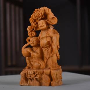 崖柏手雕刻合仙摆件合二把和件家仙居装 饰车内饰品748客厅商务礼