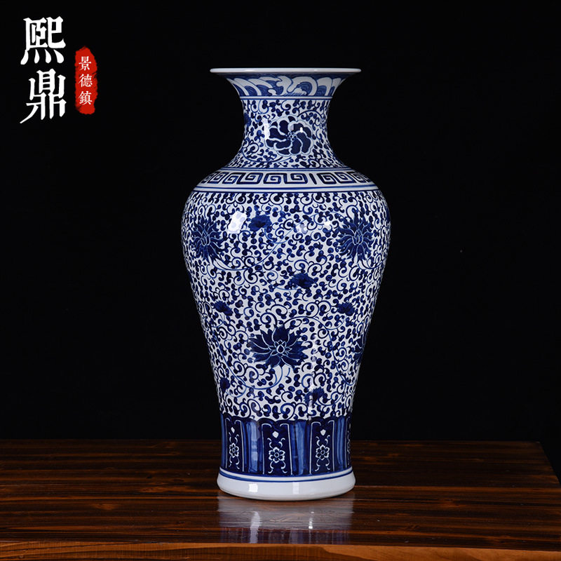 批发手绘青花缠枝莲纹梅瓶新中式客厅玄关装饰品摆件工艺品