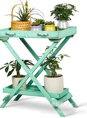 木质户外室内2层花架乡村风格复古绿色置物架阳台庭院实木花架