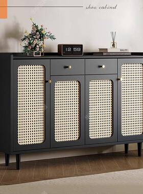 黑色入户家TMK鞋柜用门口玄柜关收纳柜一体靠墙藤编储纳物2025收
