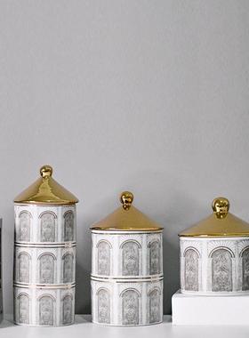 镀金罗马教堂陶件盖罐意式轻工艺装饰摆台瓷面T20023花瓶花器陶瓷