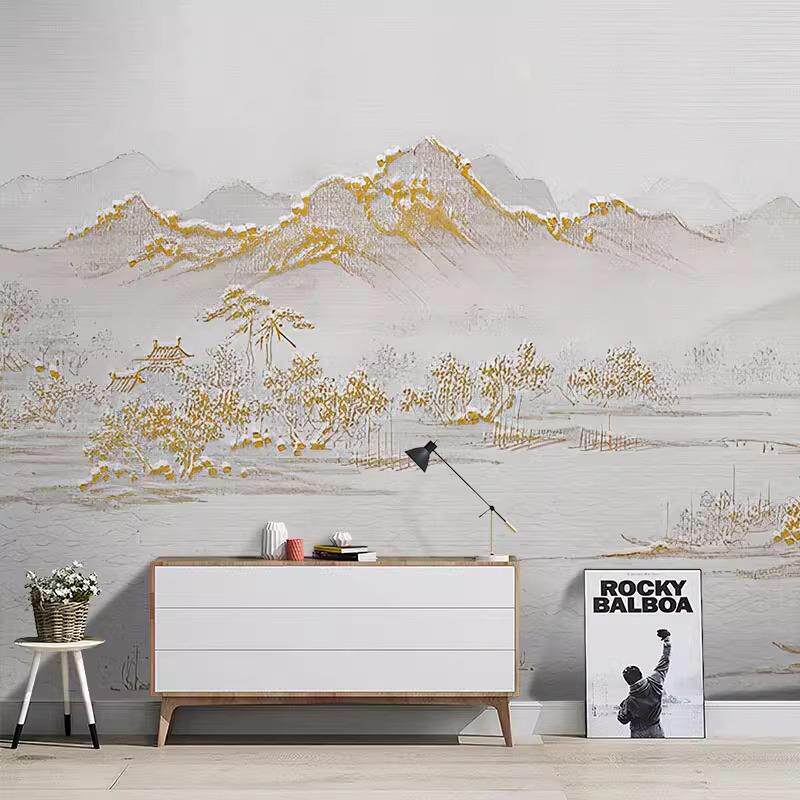 墙新中式轻奢山水画刺绣壁布电视背景纸客厅548室发壁沙纸卧装修
