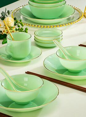 NRIP66绿色玉瓷餐具碗盘家用盘子汤碗饭碗中陶式碗碟套D装玉碗瓷