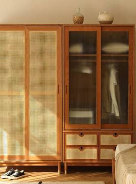 弄舍/北欧日式实木推拉移门衣柜小户型民宿藤编衣橱樱桃木收纳柜