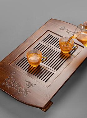 竹制茶盘胡桃色鹤林鸟语茶台家用长方形排储双用抽屉式茶海