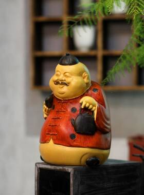 20185中式地主件客厅饰财神爷雕塑仿木茶几博古架装品桌面摆设雕