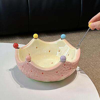 草莓水果盘自带AL9449果面叉客厅颜值不高锈钢水果叉意陶瓷桌创装