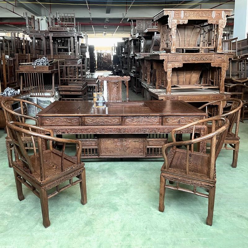 红木鸡翅木茶桌i椅组合中式原木办公桌双福茶台加大款实木功夫茶