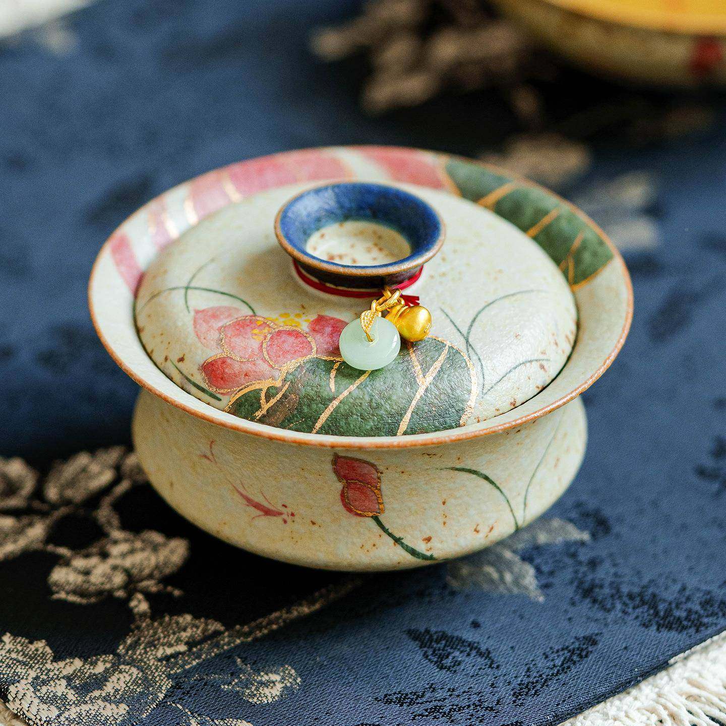 青花火石红碗盖泡家用陶瓷茶25JS09-1手碗绘锦鲤戏荷茶盅高档精致