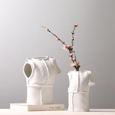 中式个性人体雕塑陶瓷花瓶书房样板房插花装饰创意白色摆件展示架