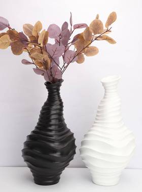 代简约黑白细现口螺纹花器客样板0021间店部书房茶几厅软装饰品酒