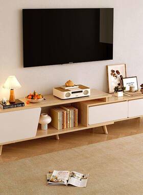 电视柜简视约现代小户型实木腿XIK茶电柜组合简几约缩电视柜伸客
