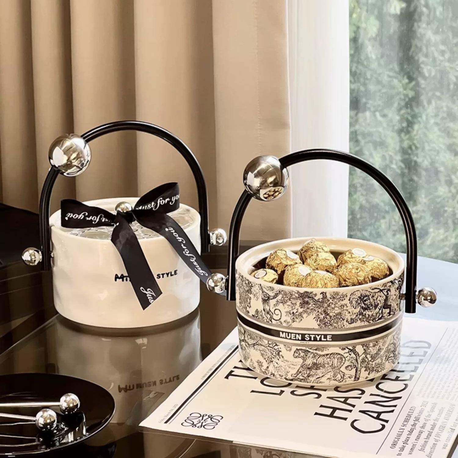 满氛陶瓷手水果提篮客厅茶几QJF果零食摆放大容量糖果干盘果收纳