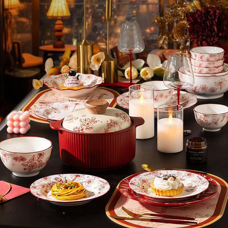 新婚陶瓷碗碟千禧盛宴套装家用彩碗具碗红色盘子餐具结婚釉送人下