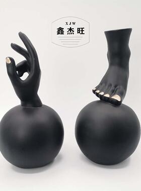 约黑色抽20200426象手圆脚球摆简造件可插花器样板房玄关客厅软装