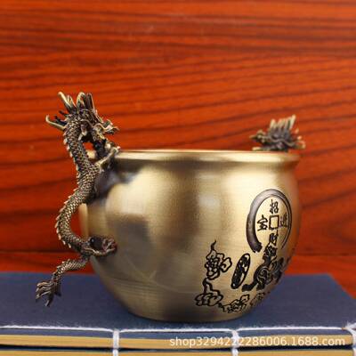 铜双龙缸聚宝盆摆件客厅玄关办公室财进宝黄摆件黄铜摆招件8699饰